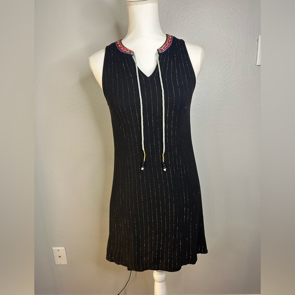 THML Black Sleeveless Shift Dress w Metallic Stripes Embroidered Collar Size S - Picture 2 of 7